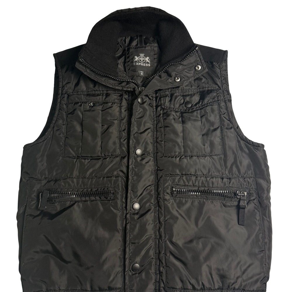 Express Mens‎ Puffer Vest Black Multi Pocket Ribbed Knit Collar Size M Y2K VTG